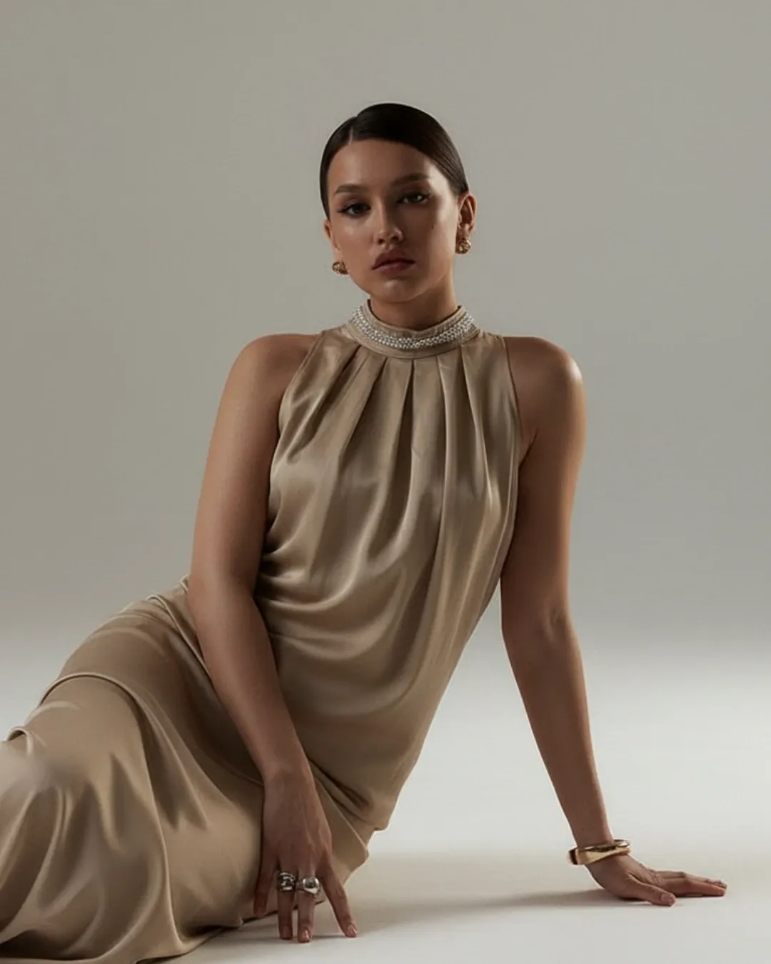 Golden Long Dress - Beadwork Collar