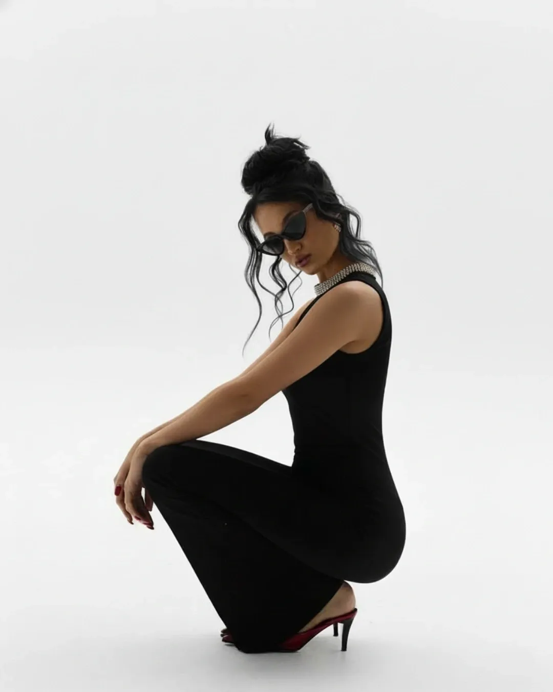 Black Satin Party Dress - Beadwork Collar