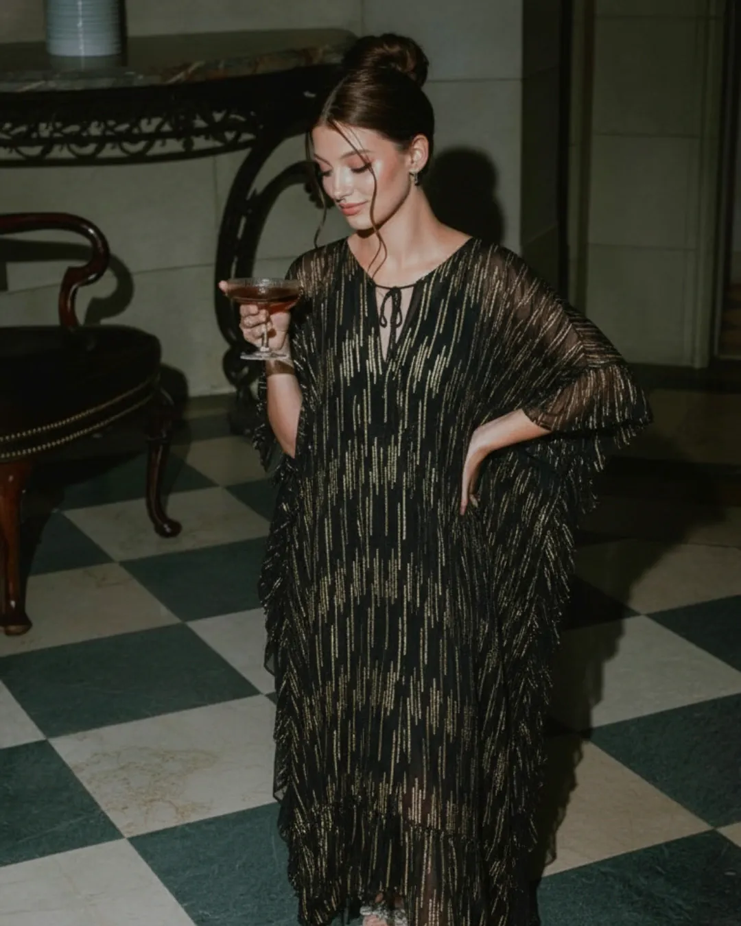 Golden Black Party Kaftan - Georgette